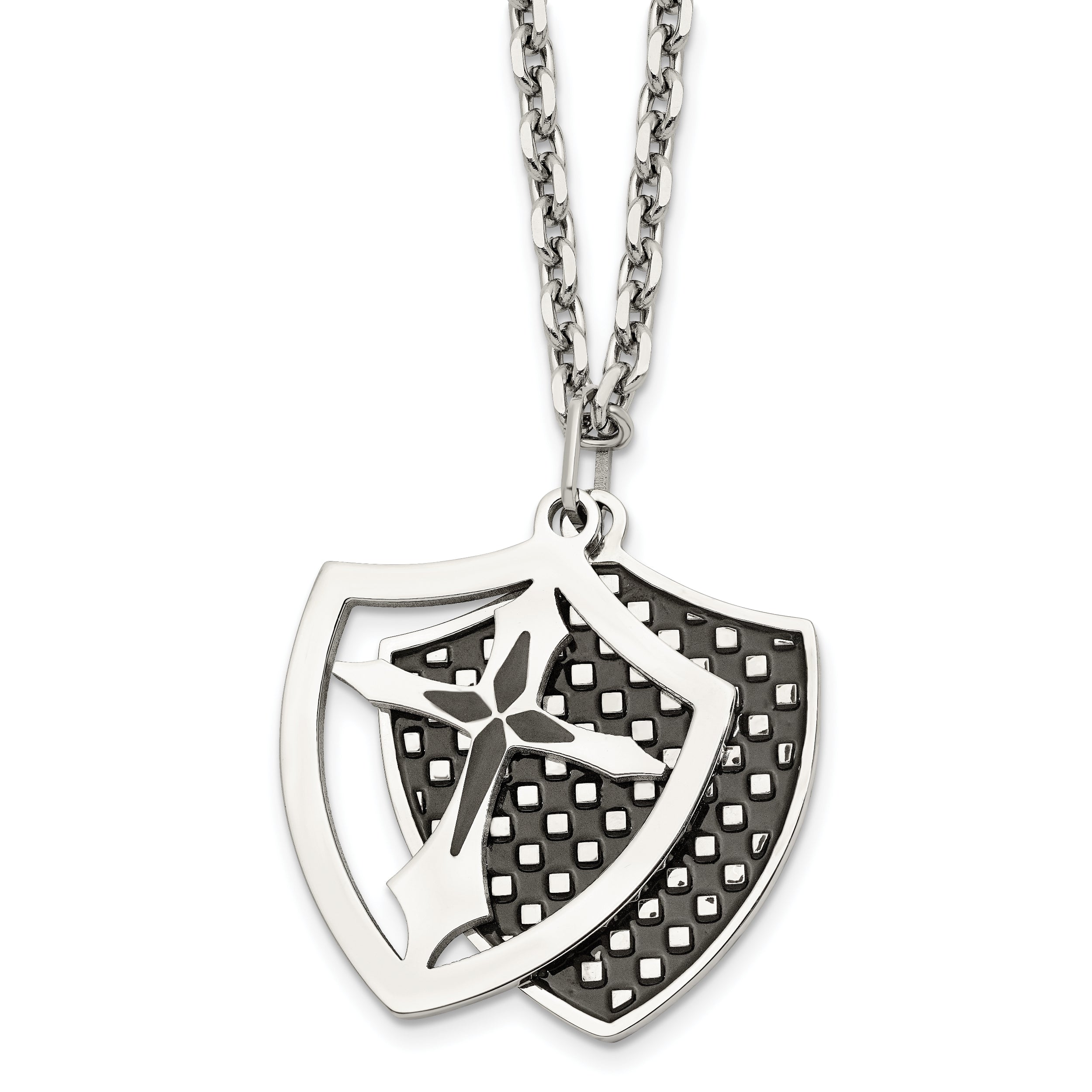 Stainless Steel IP Black Plated Moveable Shield Pendant Necklace SRN834