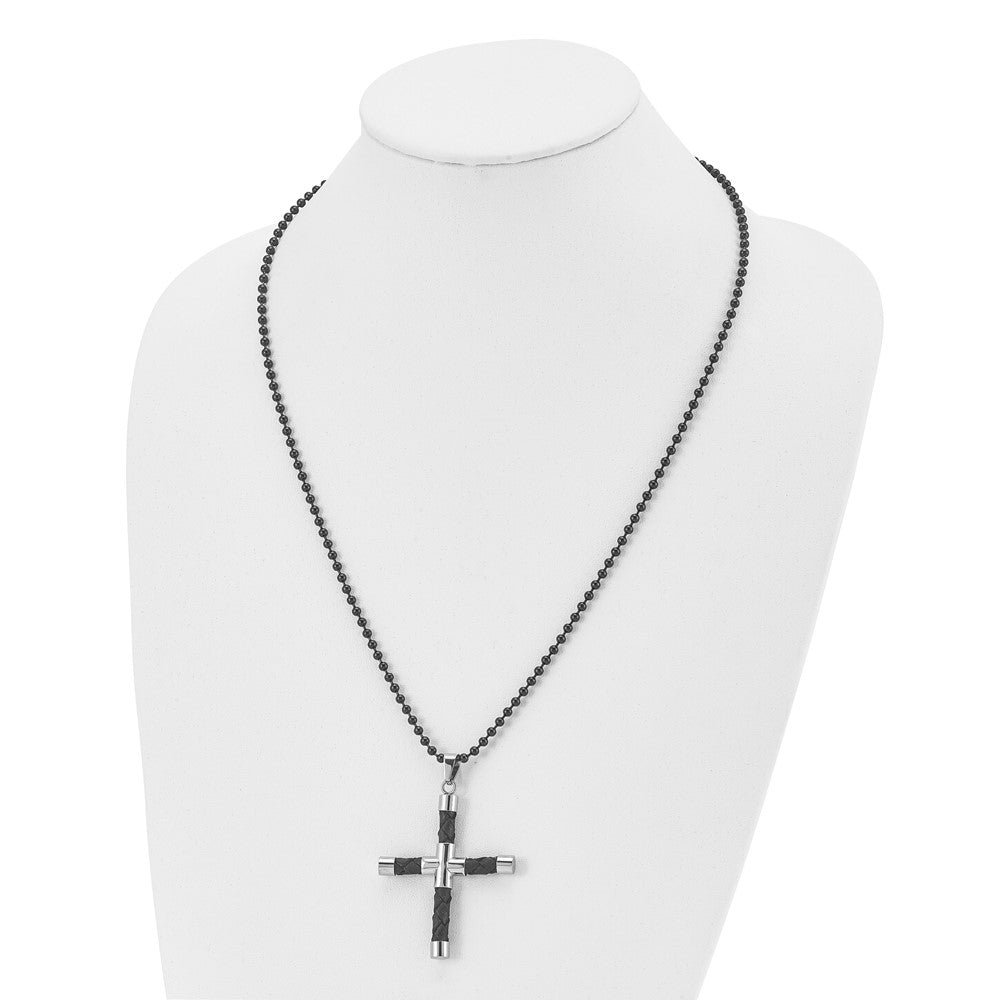 Stainless Steel Polished Black IP w/Black Leather Cross 24in Necklace