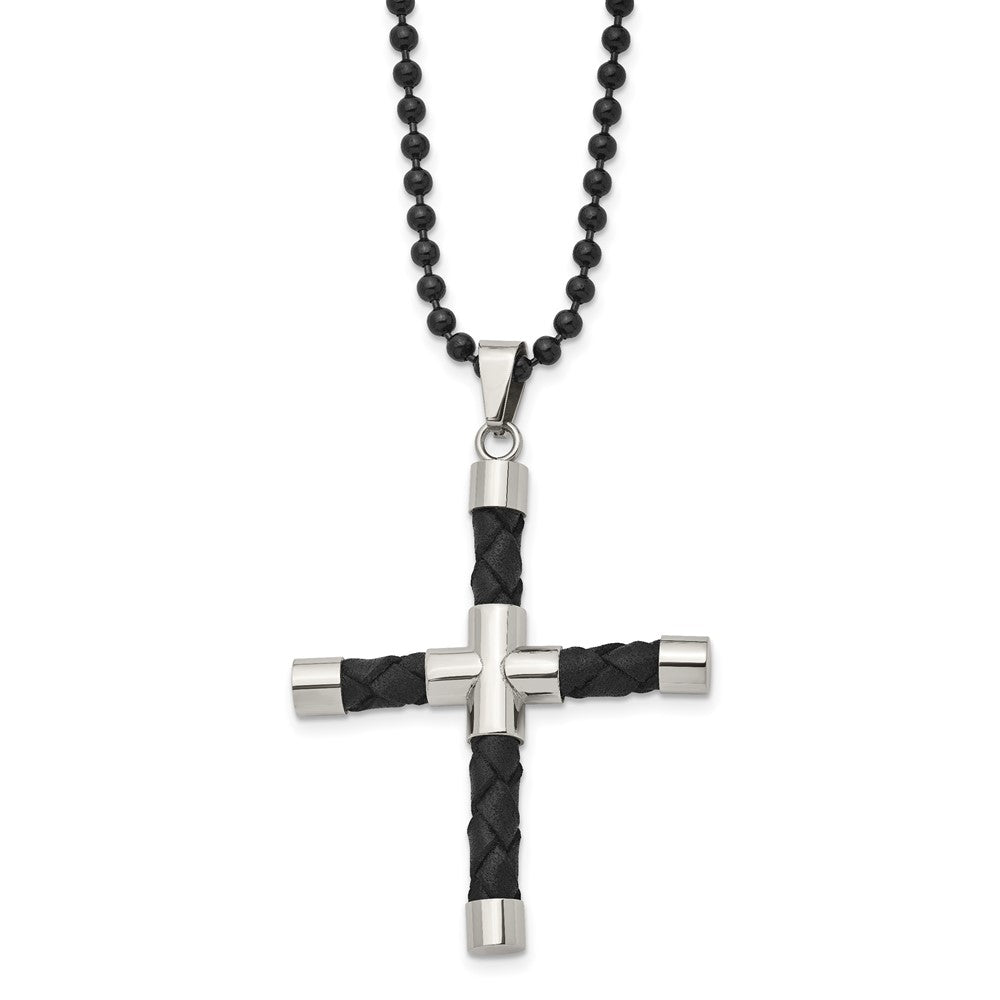 Stainless Steel Polished Black IP w/Black Leather Cross 24in Necklace