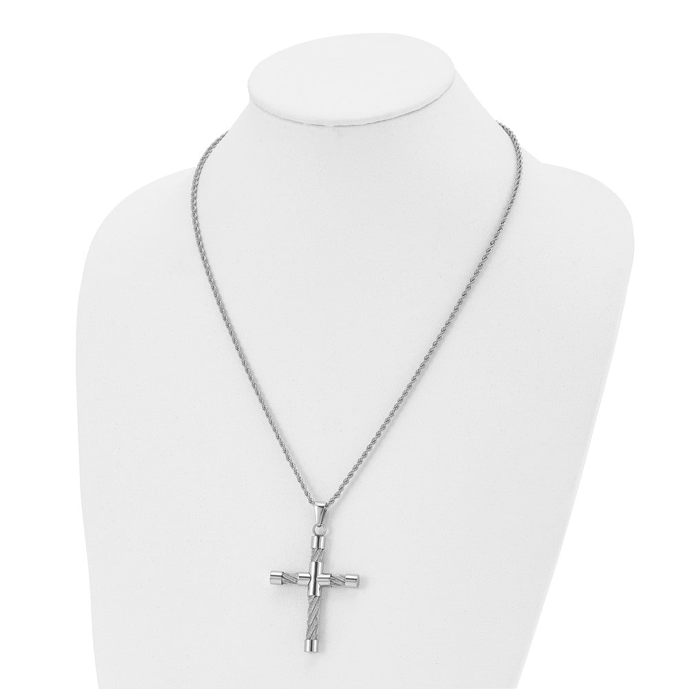 Chisel Stainless Steel Polished and Textured with Cable Cross Pendant on a 22 inch Rope Chain Necklace