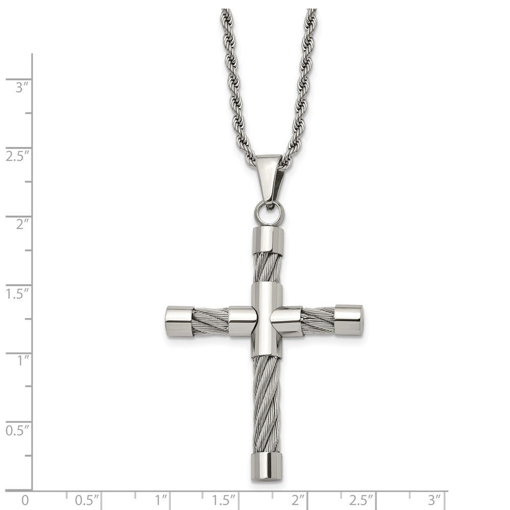 Chisel Stainless Steel Polished and Textured with Cable Cross Pendant on a 22 inch Rope Chain Necklace