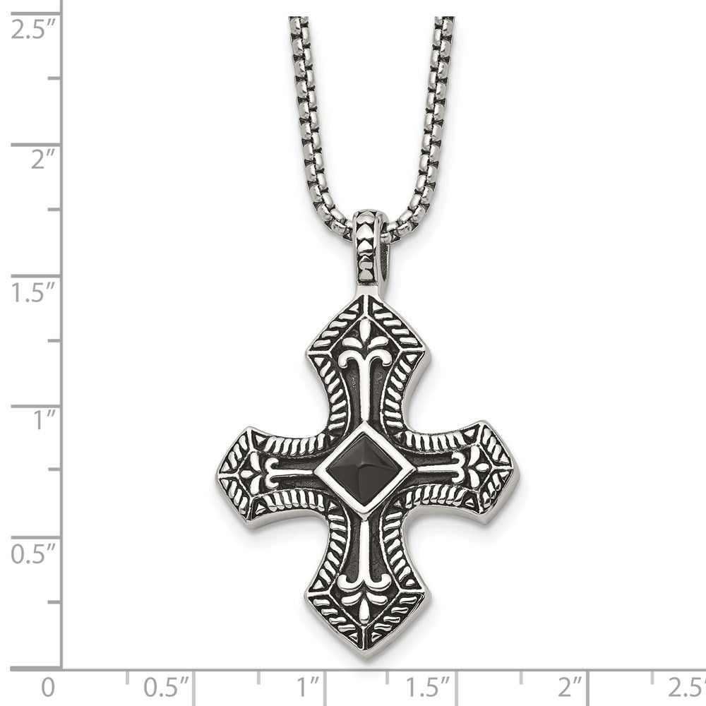 Stainless Steel Antiqued and Brushed w/Black Agate Cross 24in Necklace