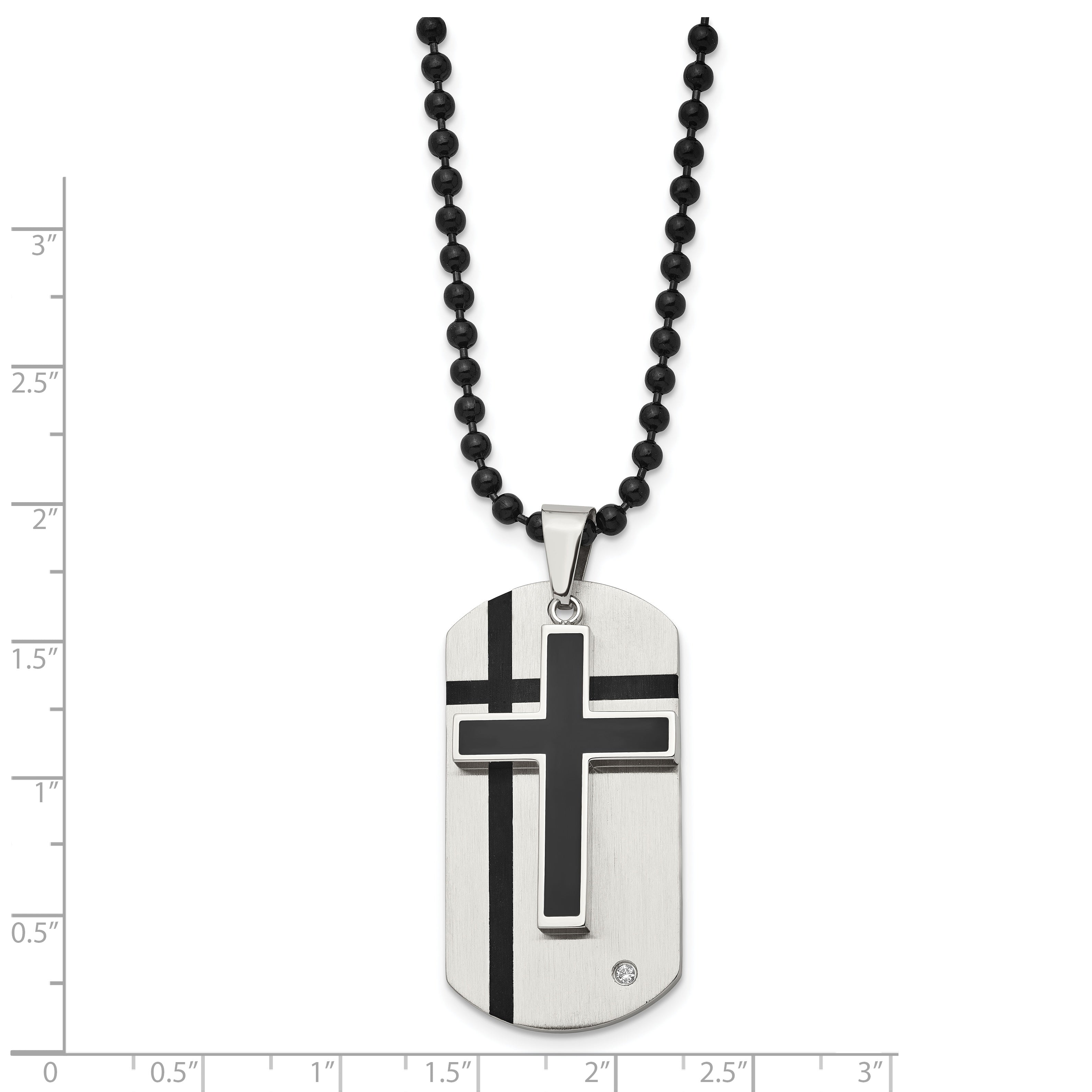 Stainless Steel Black Enamel Cross & Dog Tag w/CZ Necklace SRN839