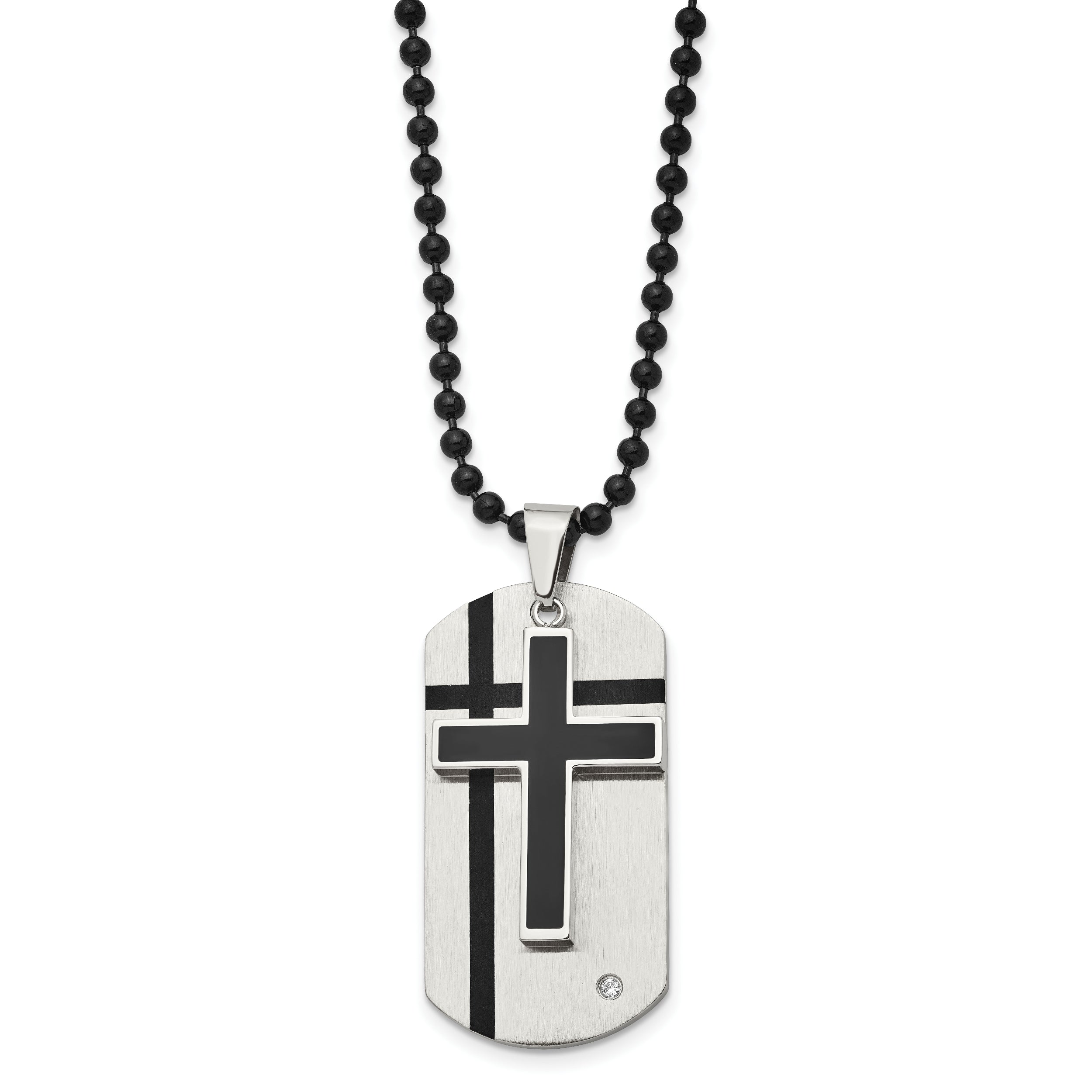 Stainless Steel Black Enamel Cross & Dog Tag w/CZ Necklace SRN839