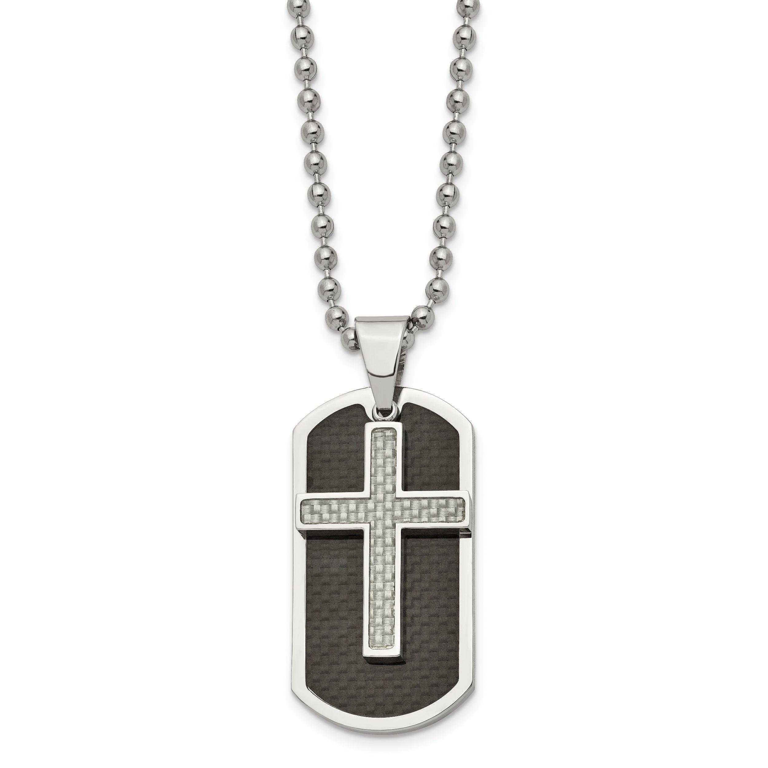 Stainless Steel Polished Blk/Grey Carbon Fiber Inlay Cross/DogTag Necklace SRN840