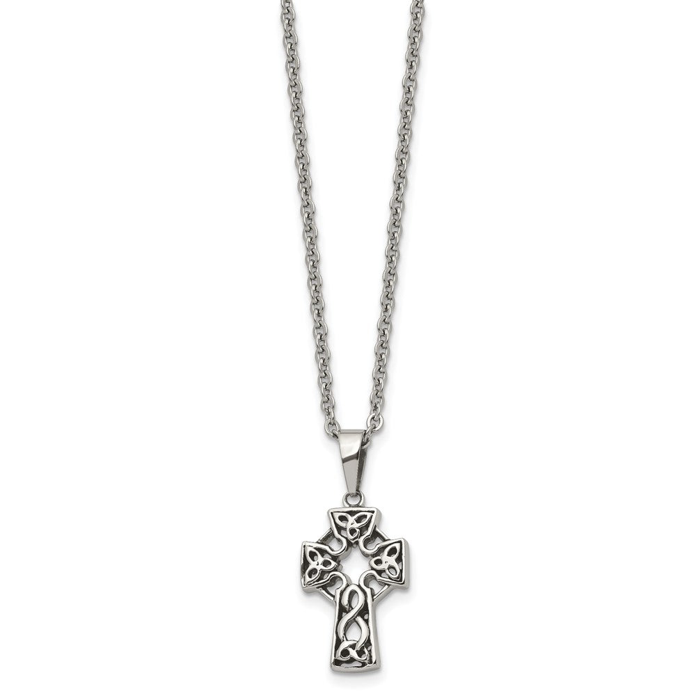 Chisel Stainless Steel Antiqued and Brushed Celtic Cross Pendant on an 18 inch Cable Chain Necklace