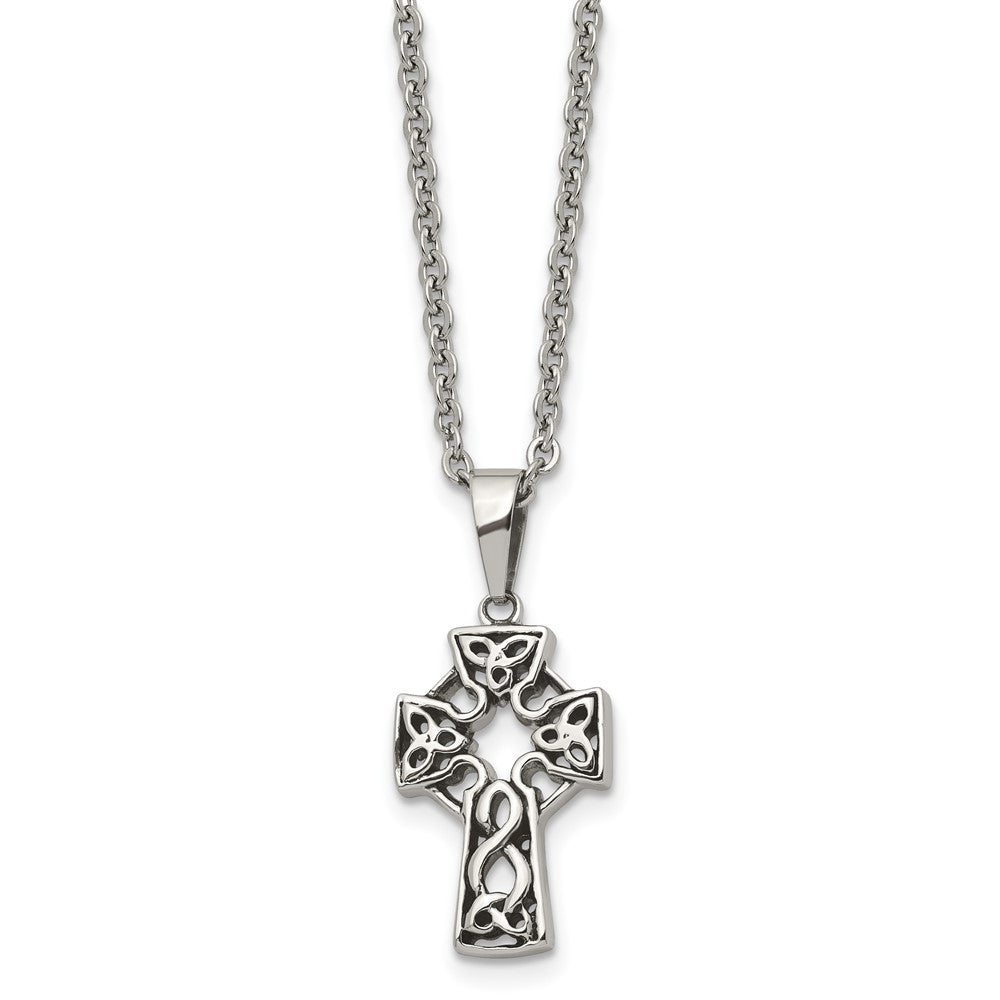 Chisel Stainless Steel Antiqued and Brushed Celtic Cross Pendant on an 18 inch Cable Chain Necklace