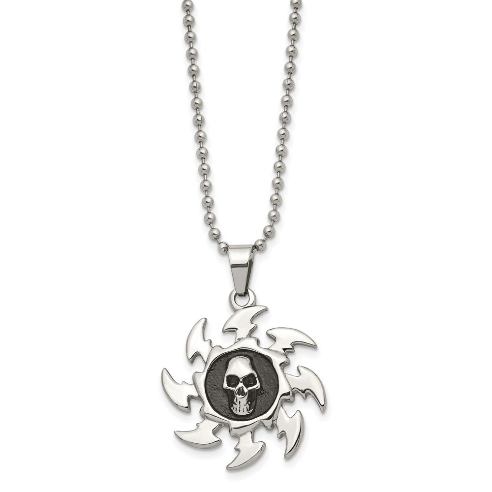 Chisel Stainless Steel Antiqued and Polished Skull on Saw Blade Pendant on a 24 inch Ball Chain Necklace