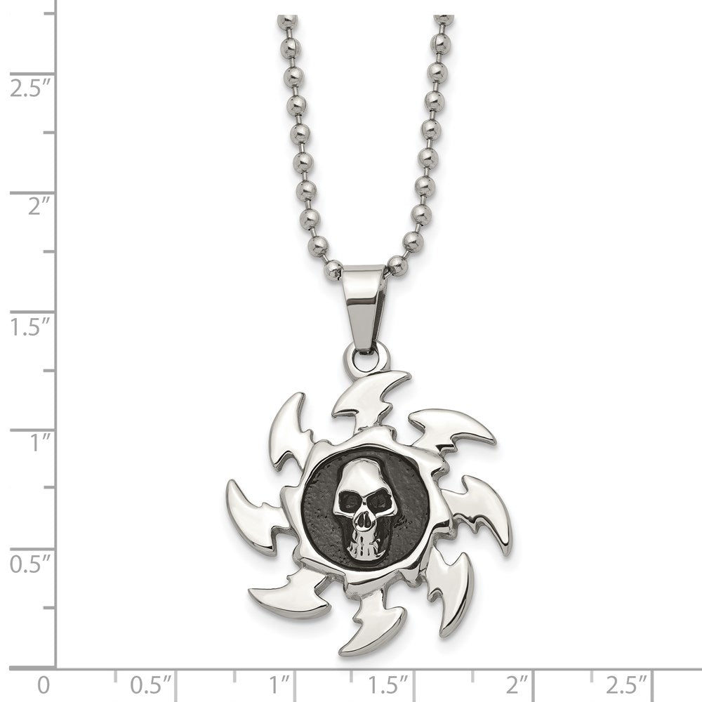 Chisel Stainless Steel Antiqued and Polished Skull on Saw Blade Pendant on a 24 inch Ball Chain Necklace