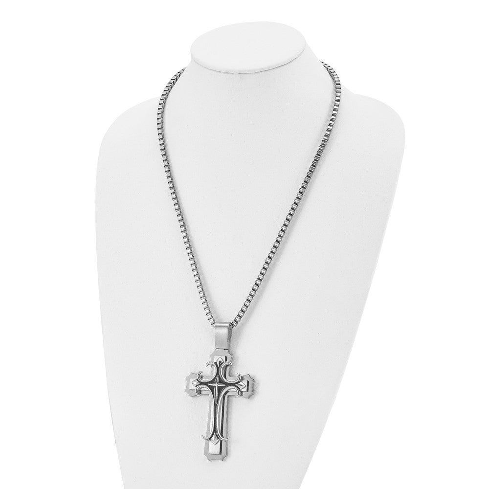 Chisel Stainless Steel Brushed and Polished with Black Enamel Large Cross Pendant on a 24 inch Box Chain Necklace