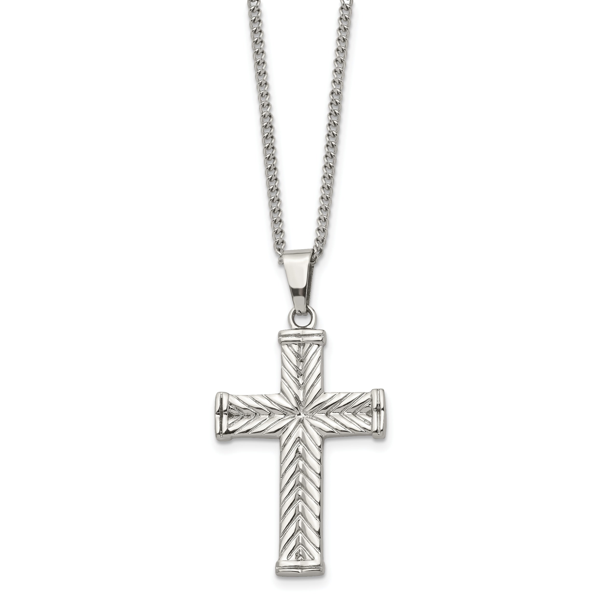 Stainless Steel Fancy Textured Cross Pendant Necklace SRN865