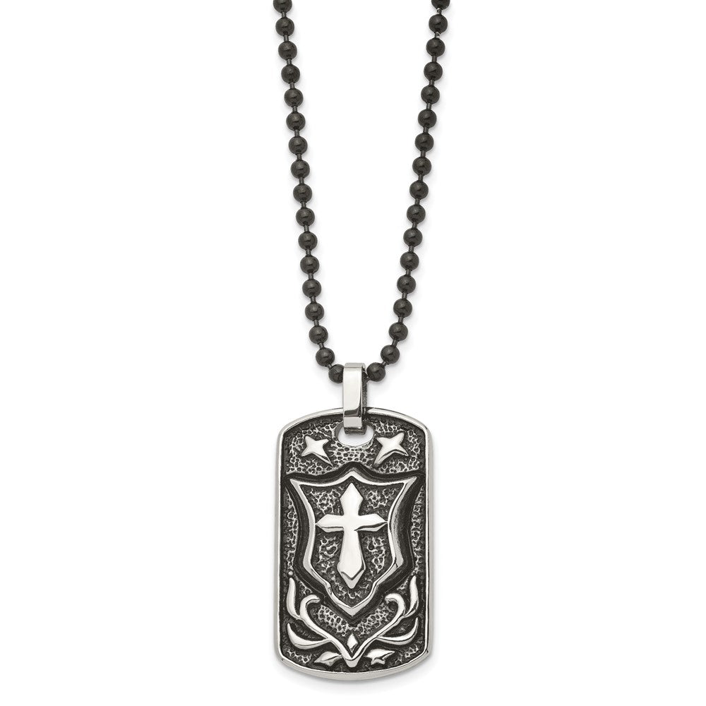 Chisel Stainless Steel Antiqued Polished and Textured Cross Dog Tag on a 24 inch Ball Chain Necklace