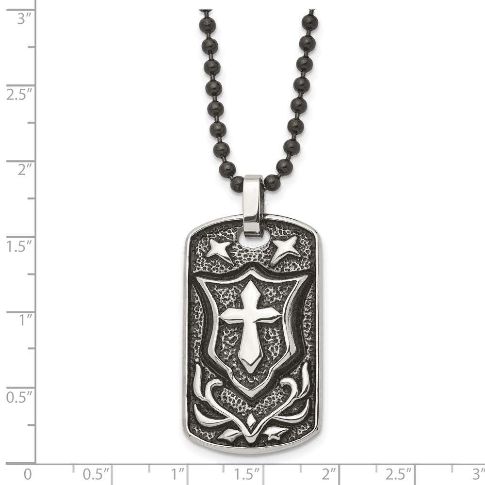 Chisel Stainless Steel Antiqued Polished and Textured Cross Dog Tag on a 24 inch Ball Chain Necklace