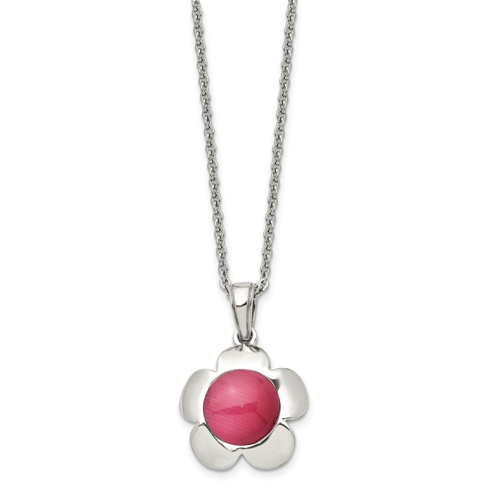 Chisel Stainless Steel Polished Flower with Pink Cat's Eye Pendant on an 18 inch Cable Chain Necklace