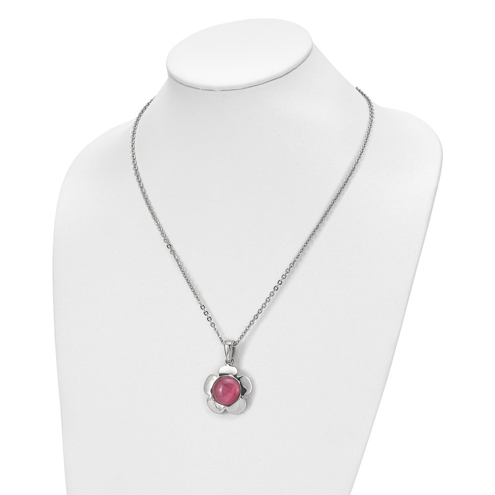 Chisel Stainless Steel Polished Flower with Pink Cat's Eye Pendant on an 18 inch Cable Chain Necklace