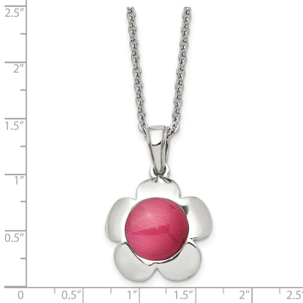 Chisel Stainless Steel Polished Flower with Pink Cat's Eye Pendant on an 18 inch Cable Chain Necklace