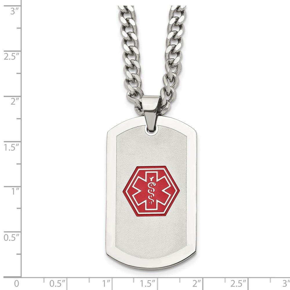 Chisel Stainless Steel Brushed and Polished with Red Enamel Medical ID Dog Tag on a 30 inch Curb Chain Necklace