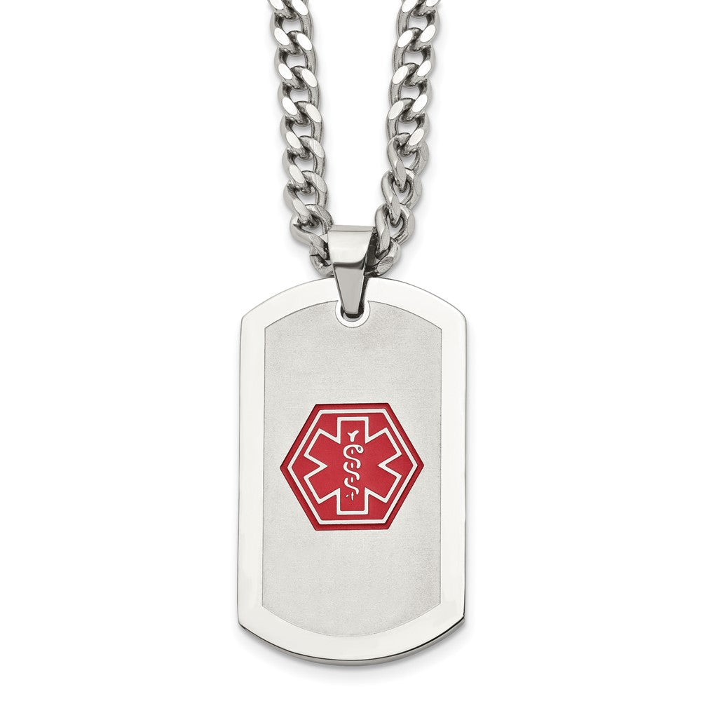 Chisel Stainless Steel Brushed and Polished with Red Enamel Medical ID Dog Tag on a 30 inch Curb Chain Necklace