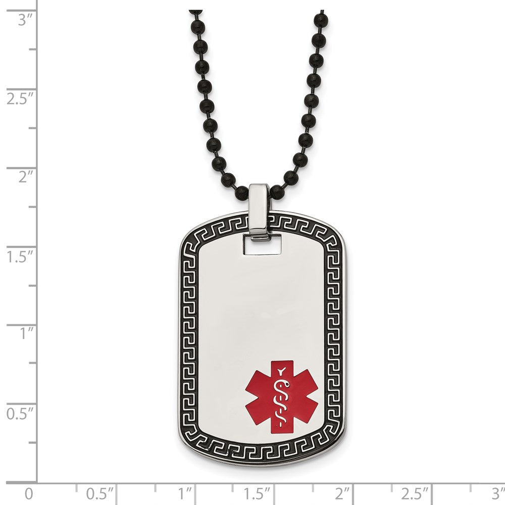 Chisel Stainless Steel Antiqued and Polished Greek Key Edge with Red Enamel Medical ID Dog Tag on a 30 inch Black IP-plate...