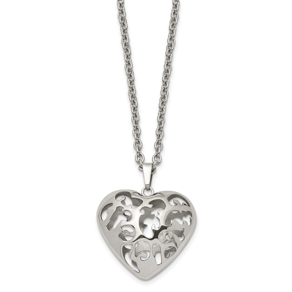 Stainless Steel Polished Filigree Puffed Heart 20in Necklace