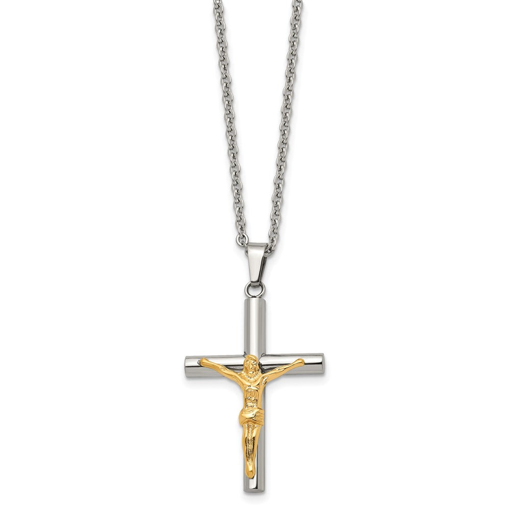 Chisel Stainless Steel Polished Yellow IP-plated Crucifix Pendant on a 20 inch Cable Chain Necklace