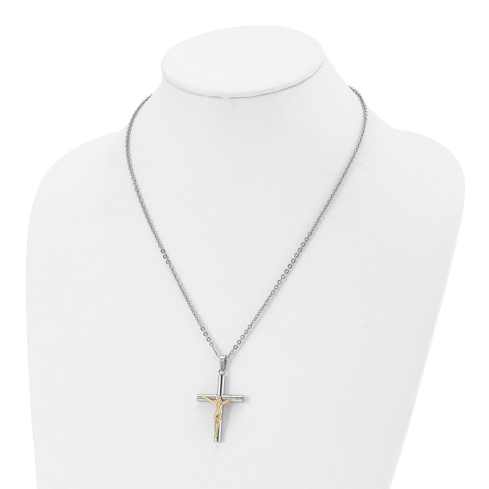 Chisel Stainless Steel Polished Yellow IP-plated Crucifix Pendant on a 20 inch Cable Chain Necklace