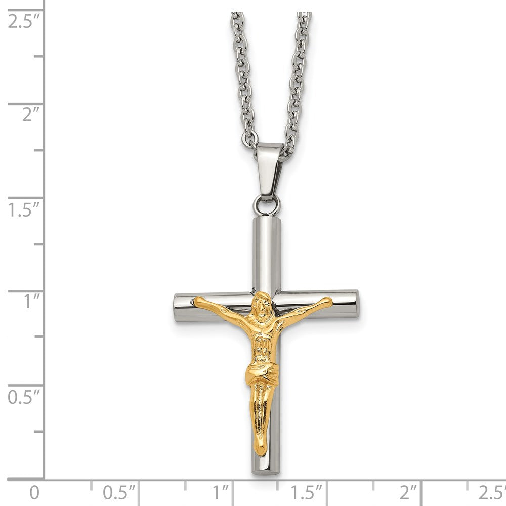 Chisel Stainless Steel Polished Yellow IP-plated Crucifix Pendant on a 20 inch Cable Chain Necklace