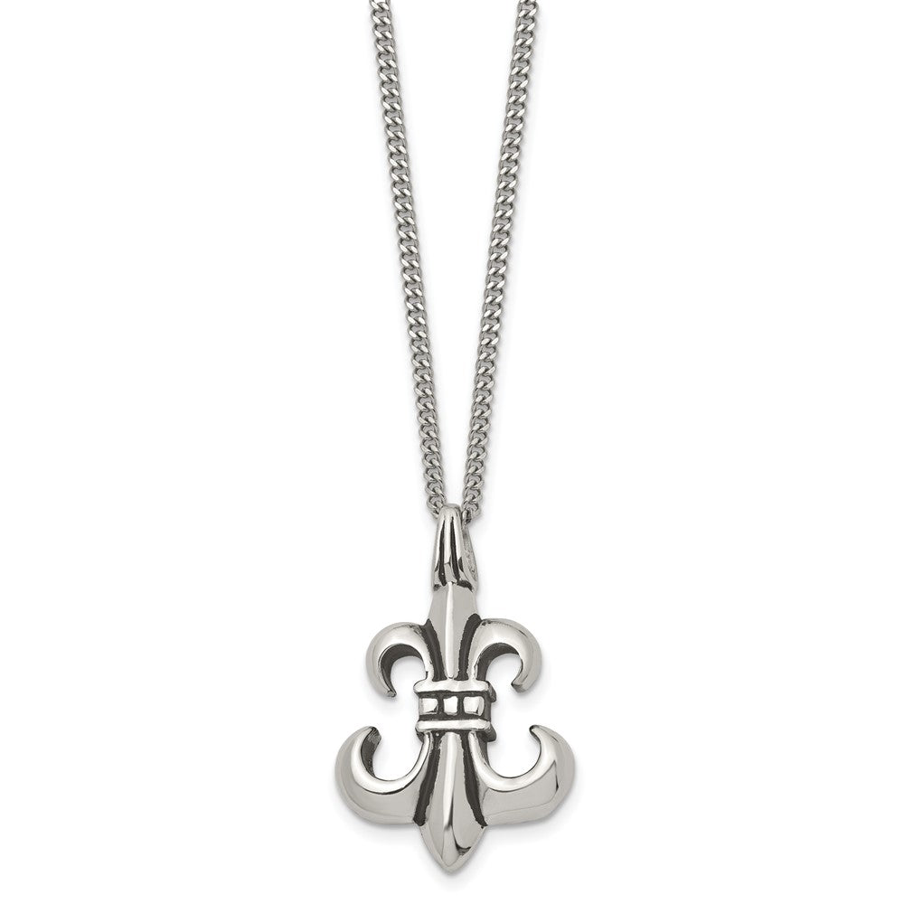 Stainless Steel Antiqued and Polished Fleur de lis 18in Necklace