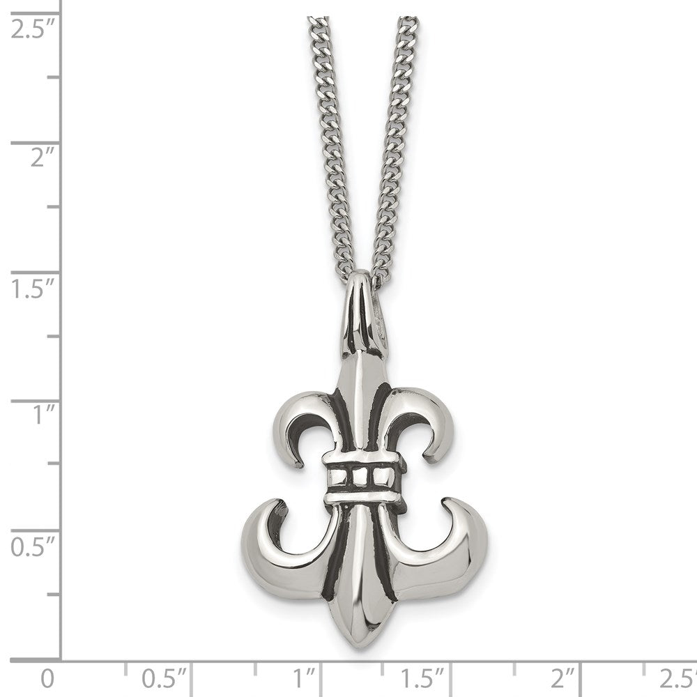 Stainless Steel Antiqued and Polished Fleur de lis 18in Necklace