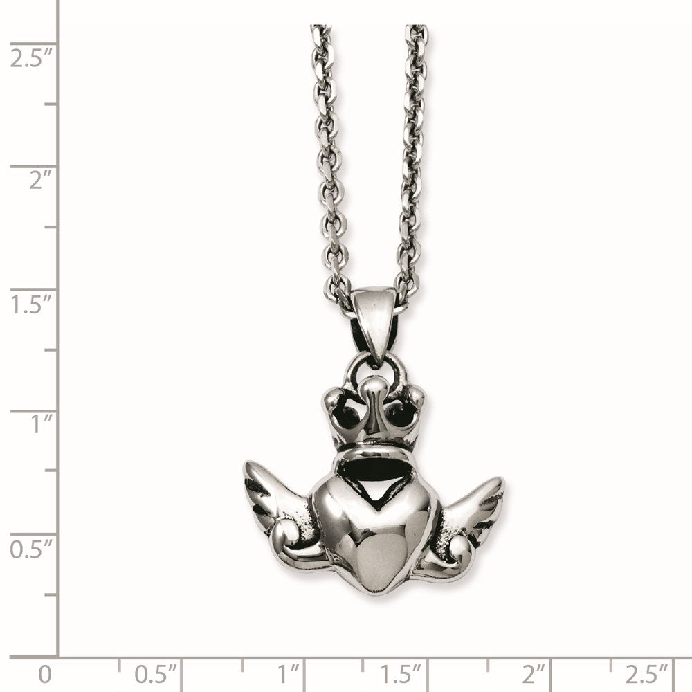 Stainless Steel Heart with Crown & Wings 20in w/ext Necklace