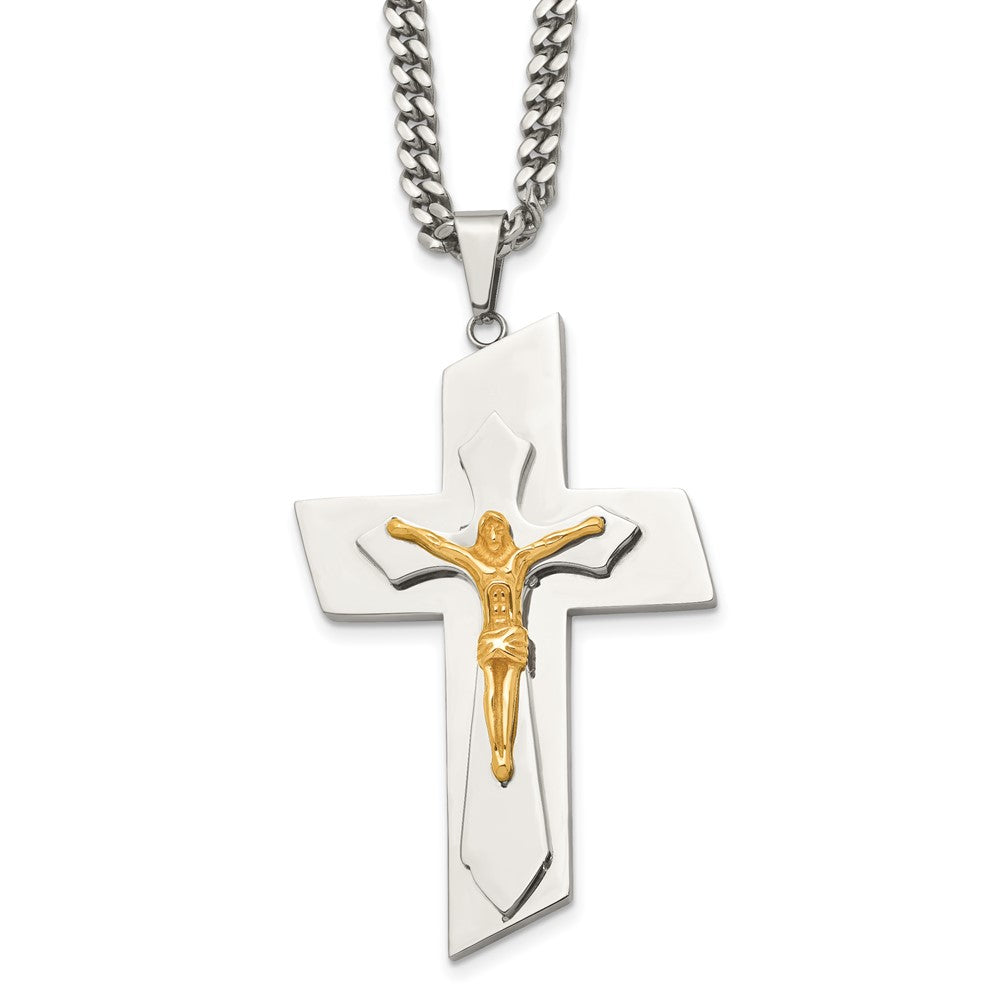 Stainless Steel Polished Yellow IP-plated Crucifix 24 inch Necklace