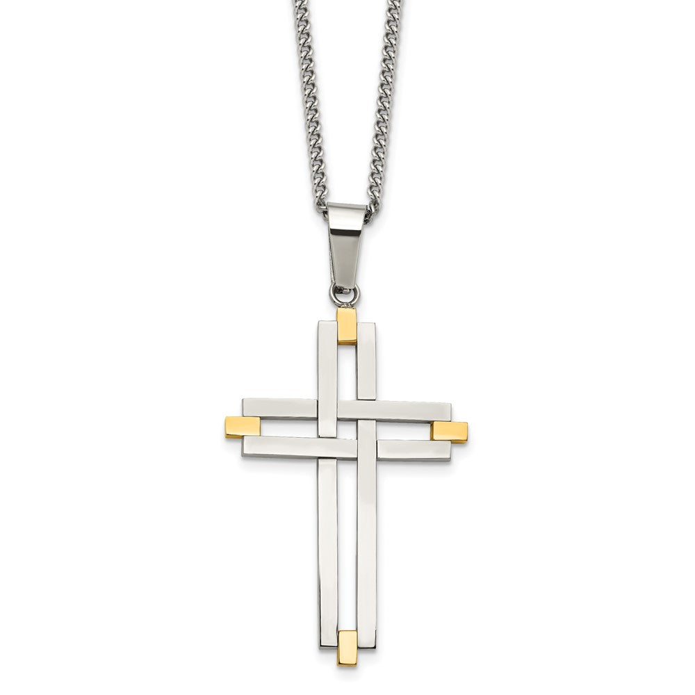 Chisel Stainless Steel Polished Yellow IP-plated Cross Pendant on a 22 inch Curb Chain Necklace