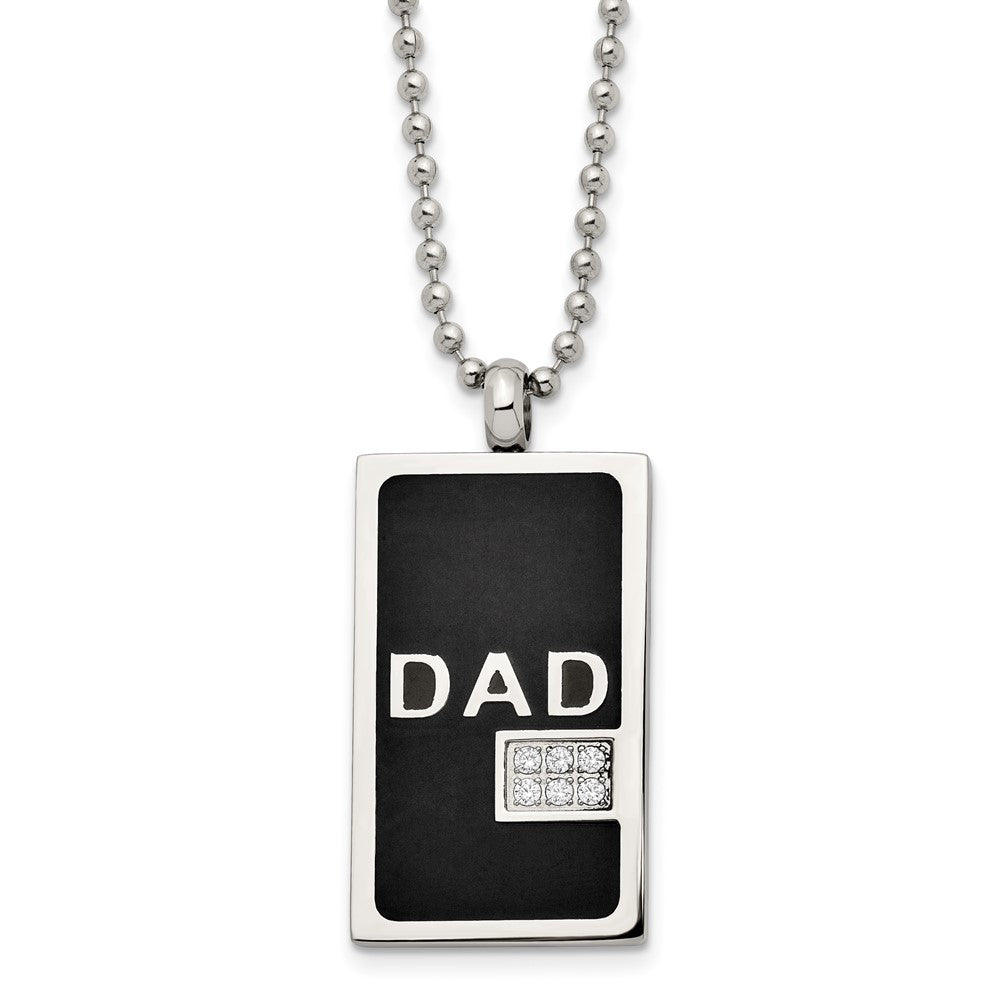 Chisel Stainless Steel Polished Black IP-plated with CZ DAD Dog Tag on a 24 inch Ball Chain Necklace