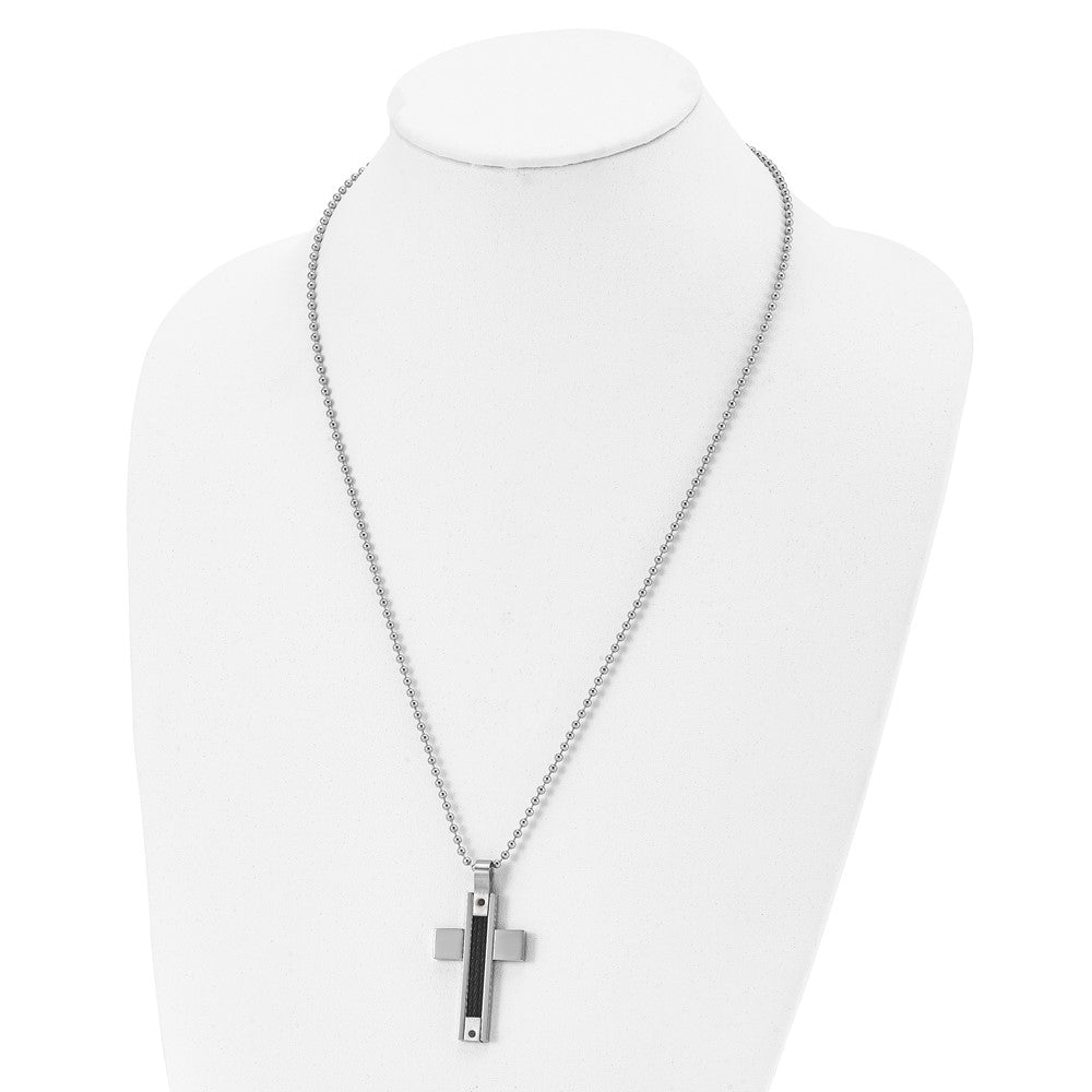 Chisel Stainless Steel Polished Black IP-plated Cable 1/20 carat Black Diamond Cross Pendant ona 24 inch Ball Chain Necklace