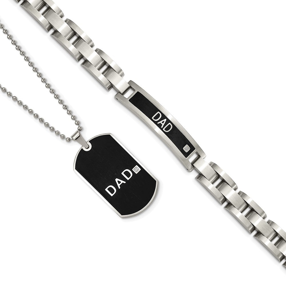 Chisel Stainless Steel Brushed Black IP-plated with CZ  DAD 8.75 inch Bracelet and 24 inch Necklace Set