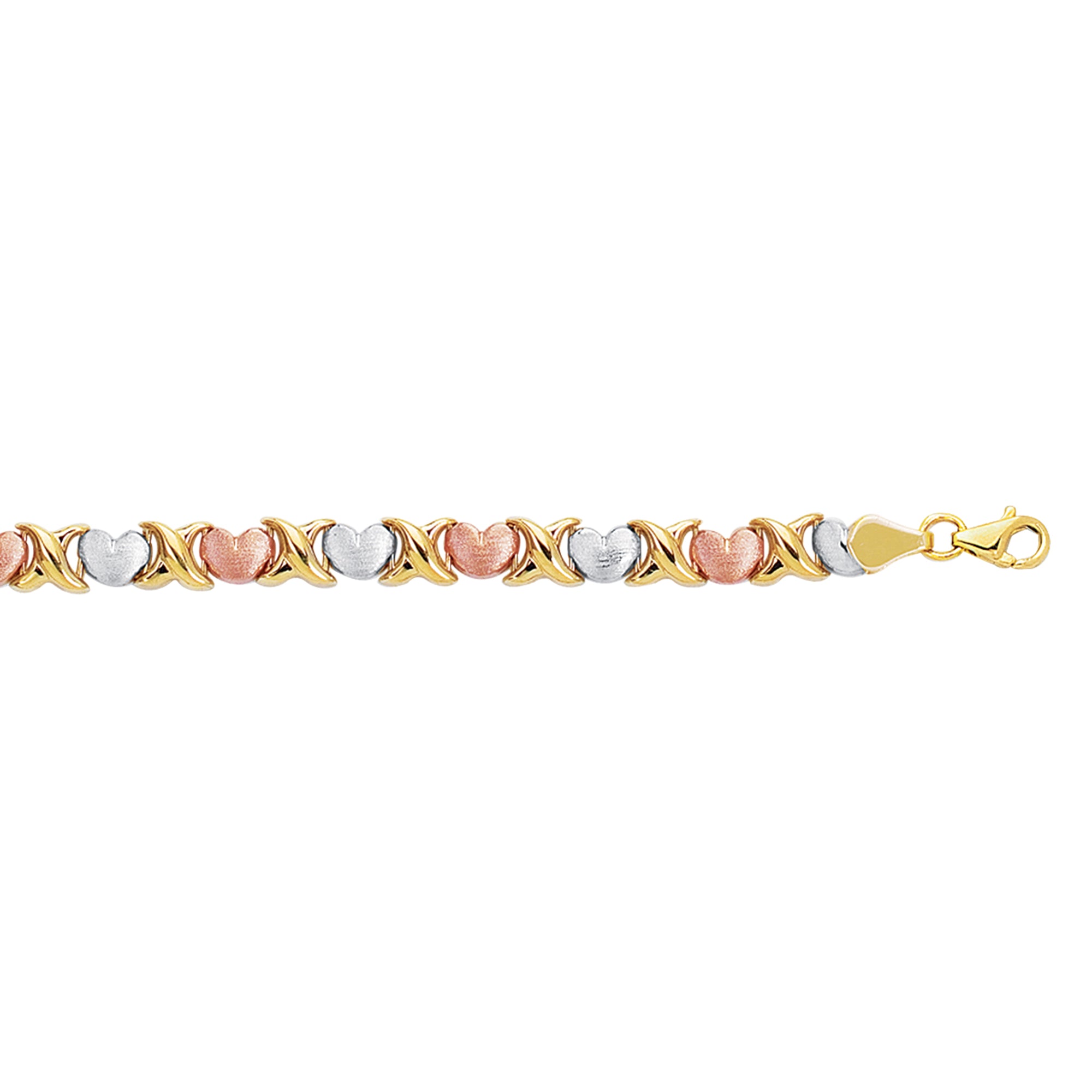 14K Tri-color Gold 7.25" X & O Heart Stampato Bracelet