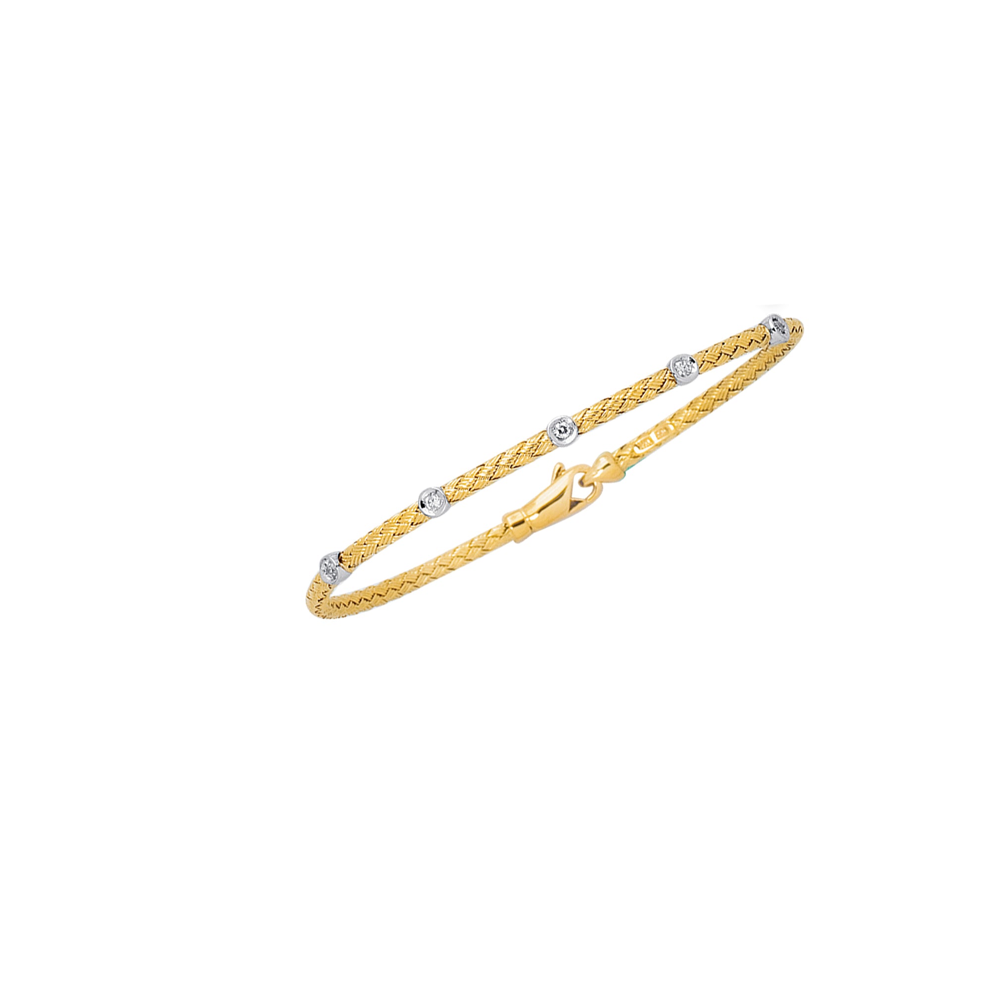 14K Yellow Gold 7.25" .15ct Diamond Station Woven Bangle