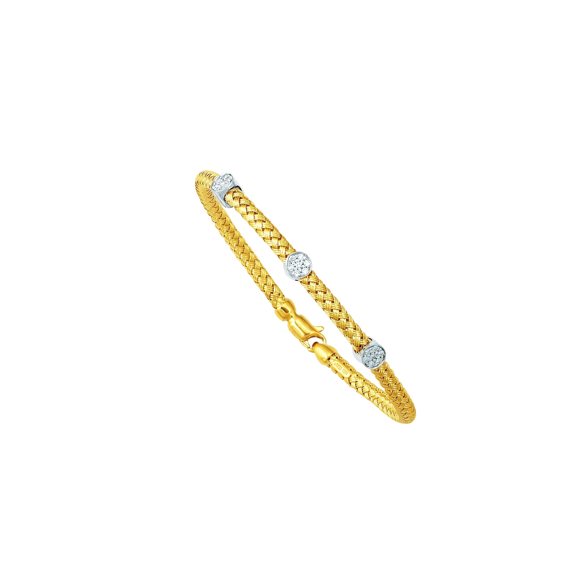 14K Yellow Gold 7.25" .21ct Diamond Station Woven Bangle