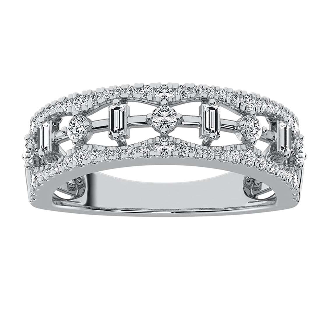 14K White Gold 1/2Ct.Tw. Diamond Round and Baguette Set Fashion Band