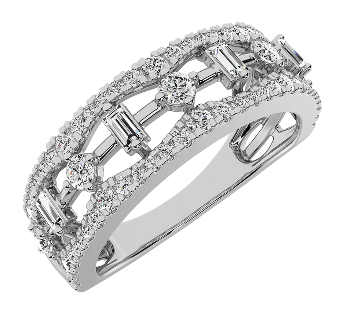 14K White Gold 1/2Ct.Tw. Diamond Round and Baguette Set Fashion Band