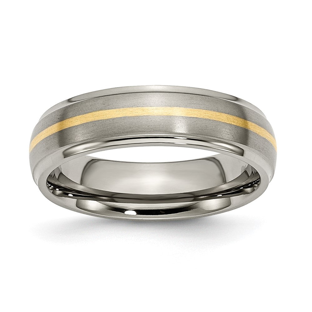 Chisel Titanium Brushed Center with 14k Gold Inlay 6mm Ridged Edge Band