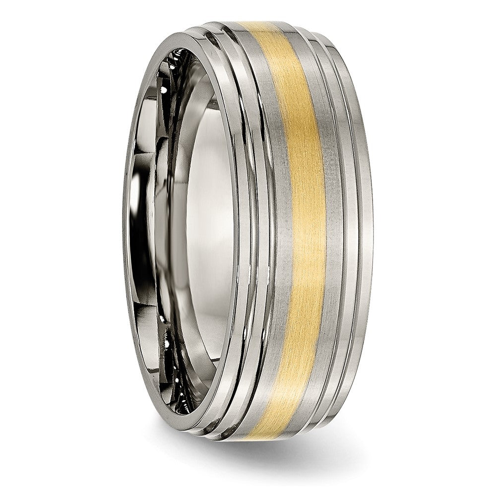 Chisel Titanium Brushed Center with 14k Gold Inlay 8mm Ridged Edge Band