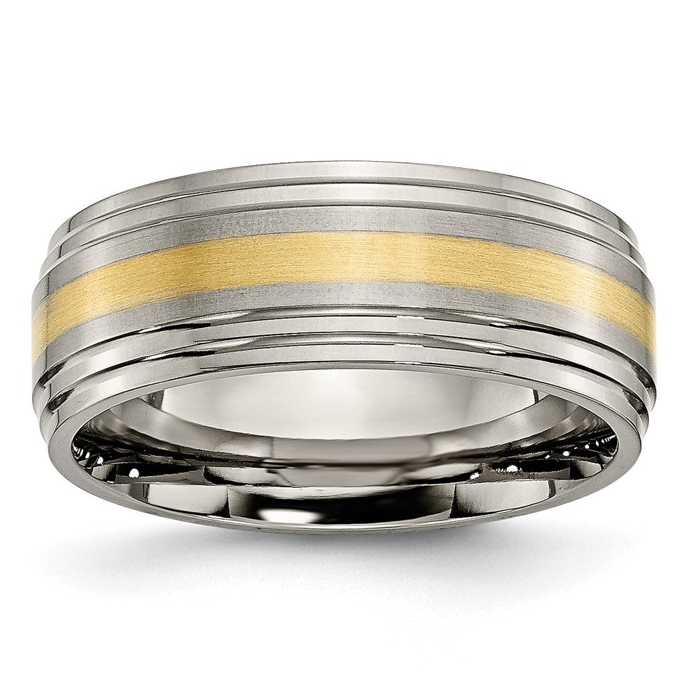 Chisel Titanium Brushed Center with 14k Gold Inlay 8mm Ridged Edge Band