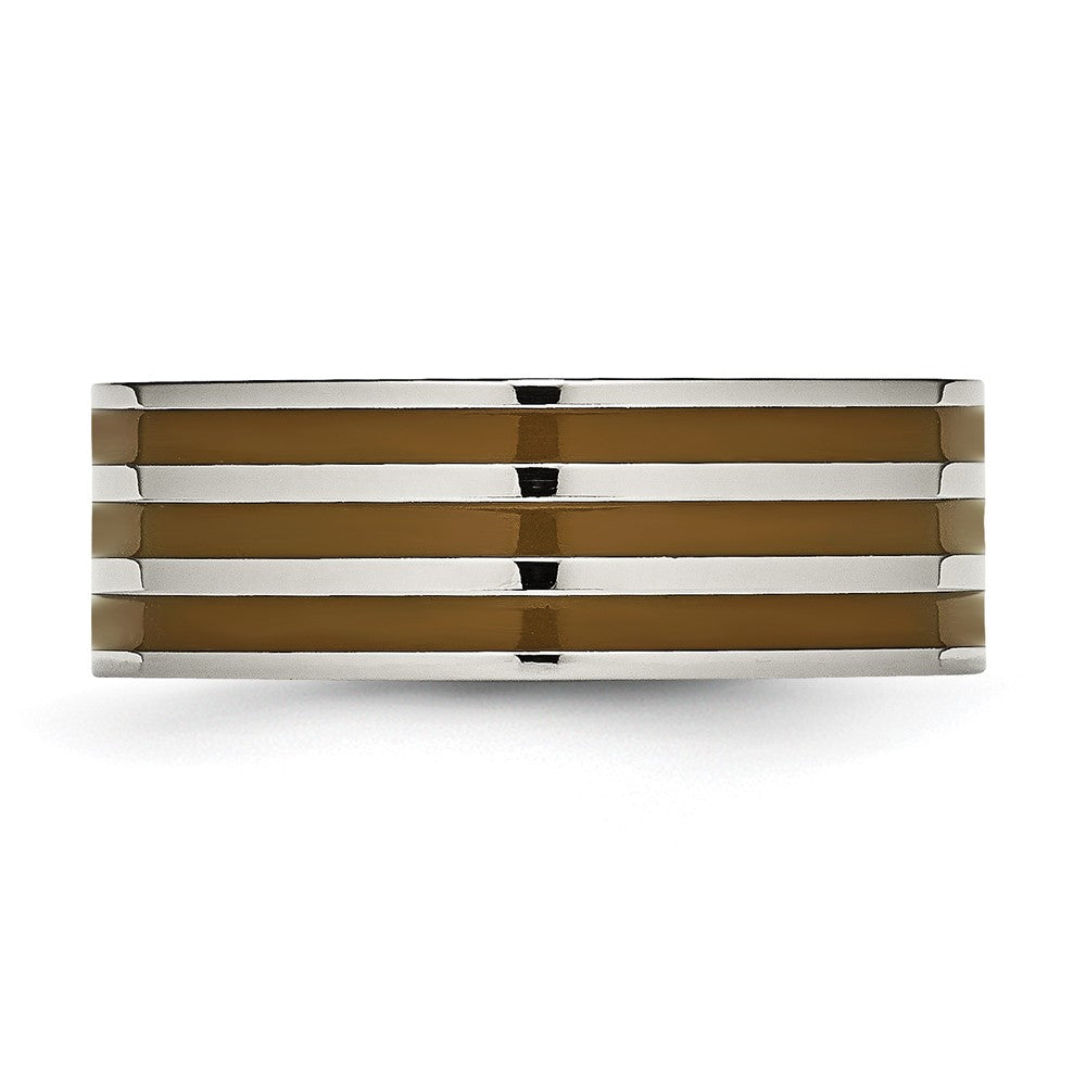 Chisel Titanium Polished Brown Enamel Striped 8mm Flat Band