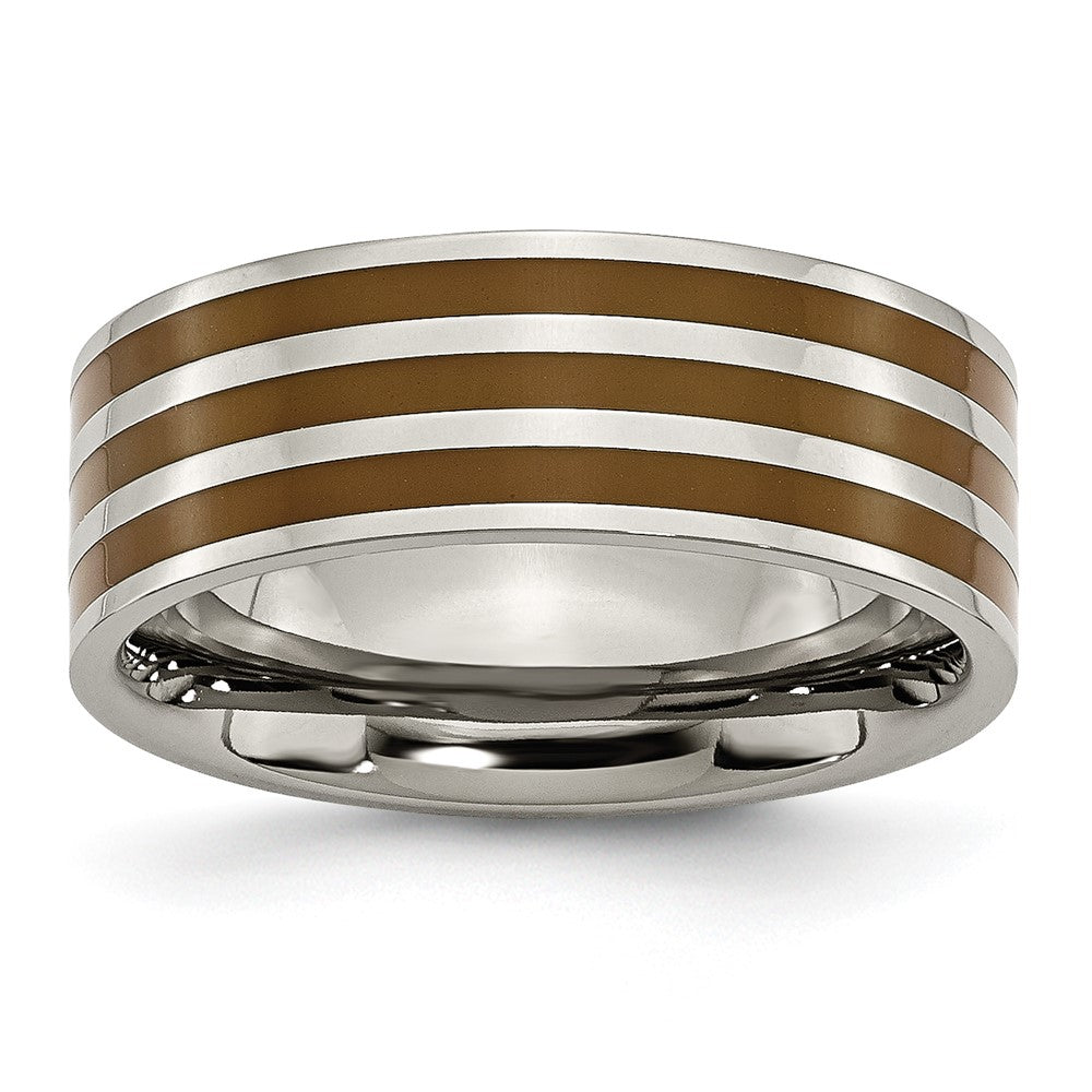 Chisel Titanium Polished Brown Enamel Striped 8mm Flat Band