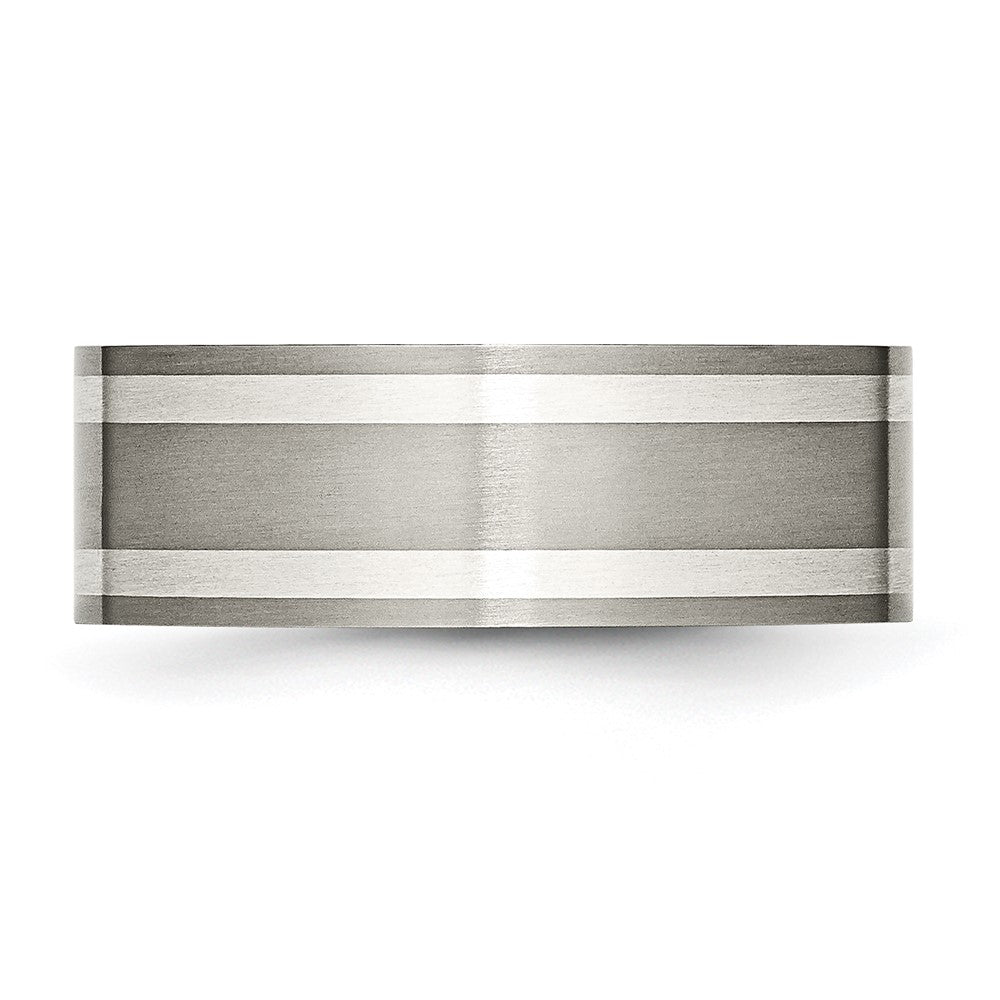 Chisel Titanium Brushed and Polished with Double Sterling Silver Inlay 8mm Flat Band