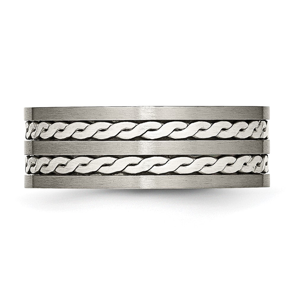 Chisel Titanium Antiqued and Brushed with Sterling Silver Braided Inlay 8mm Band