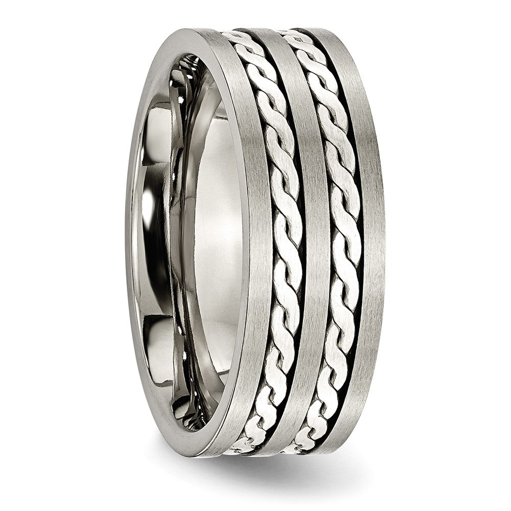 Chisel Titanium Antiqued and Brushed with Sterling Silver Braided Inlay 8mm Band