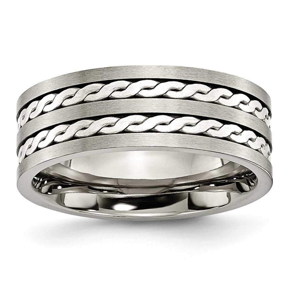 Chisel Titanium Antiqued and Brushed with Sterling Silver Braided Inlay 8mm Band