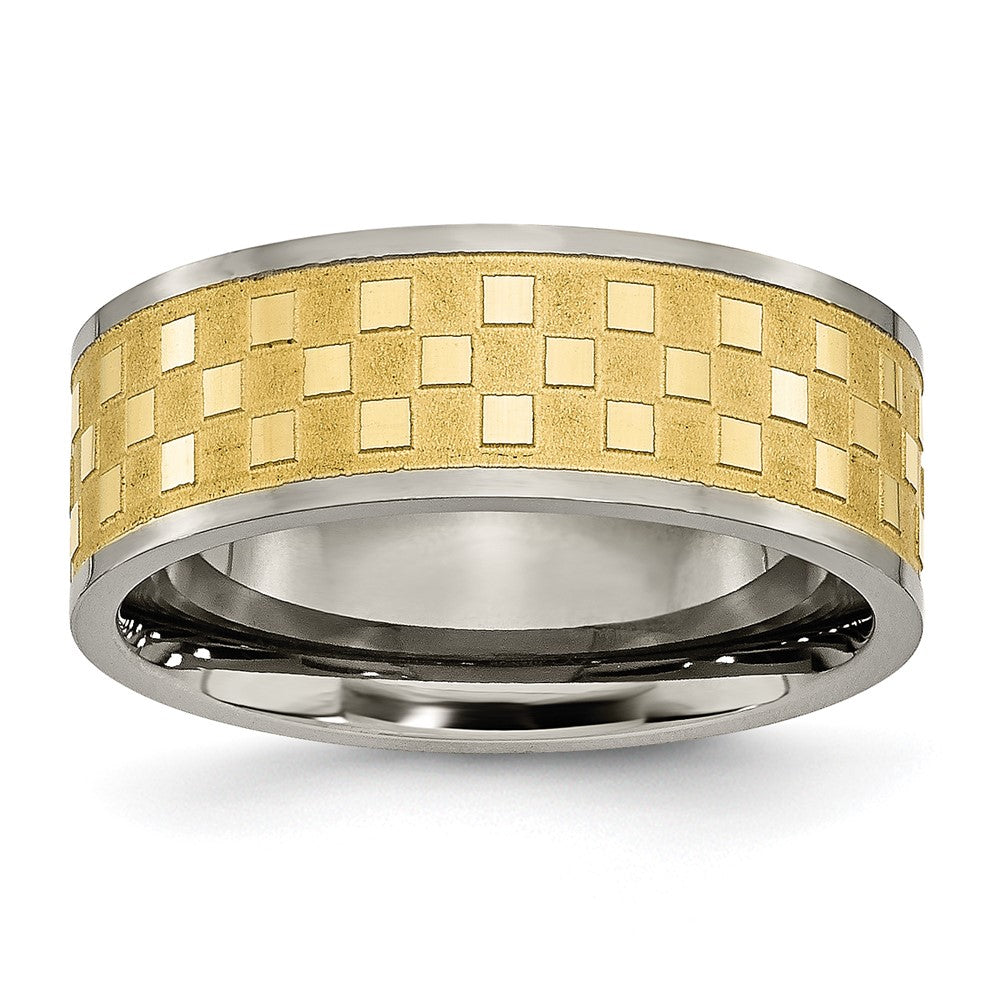 Titanium 8mm Yellow IP-plated Satin and Polished Checkered Band